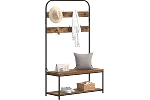 IBF Coat Rack Shoe Bench, Entryway Hall Tree with Storage Bench, Industrial Coat Tree with Coat Rack for Hallway Bedroom, Metal and Wood Shoe and Coat Rack with Shelf and Hooks, Rustic Brown, 70 In