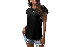 PrinStory Womens Summer Top Casual Short Sleeve T-Shirt Crewneck Ruffle Sleeve Blouse