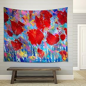 Abstract Red Flowers Painting on Canvas with Acrylic Colours.I Paint This Picture in 2010. - Fabric Wall Tapestry Home Decor - 51x60 inches