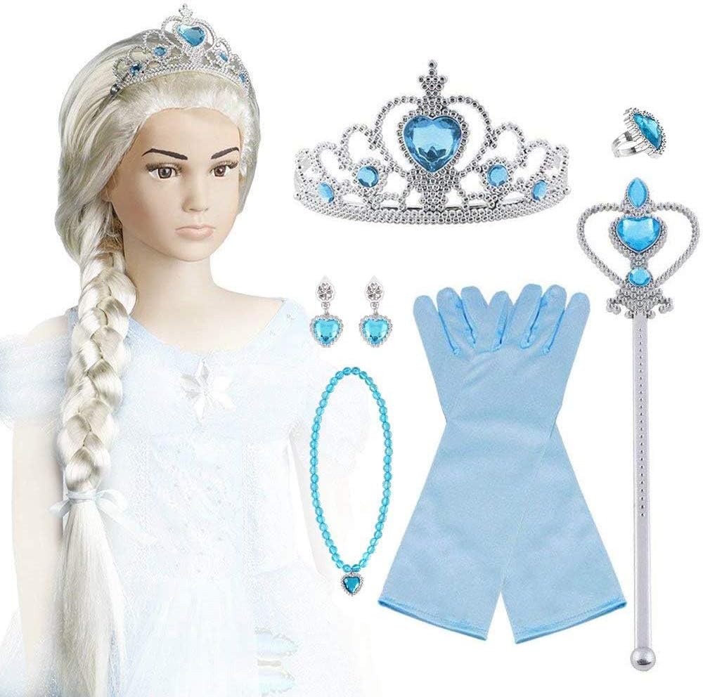 Vicloon Elsa Princess Dress Up Accessories, Crown Wand Blue Gloves Tiara Wig Necklace Ring Earrings Set of 9