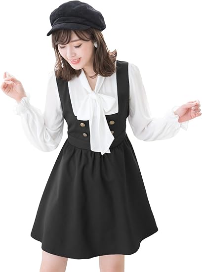 Amazon メアリーローズ 0303 ボウタイ ブラウス ジャンスカ レイヤード風 ワンピース Ll ブラック ワンピース チュニック 通販