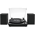 Victrola Montauk Vinyl Record Player, Black Wood Finish, 3-Speed Belt Driven Turntable with Stereo Bluetooth Speaker Pair, RCA Output and 3.5mm Headphone Jack, Removable Dust Cover