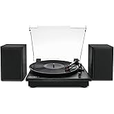 Victrola Montauk Vinyl Record Player, 3-Speed Belt Driven Turntable with Stereo Bluetooth Speaker Pair, RCA Output & 3.5mm Headphone Jack, Removable Dust Cover, Black Wood Finish