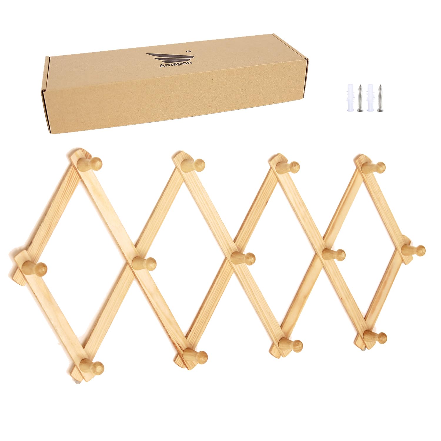 AMAPON Accordion Style Expandable Wall Wooden Coat Rack 13 Hooks (Pegs) Hang Hats Jackets Coffee Mug Purses Necklaces Towels Cap Leash Scarves Data Line Kitchenware