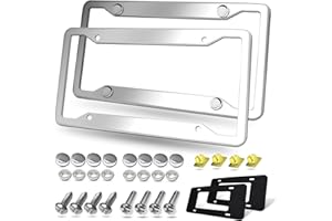 BGGTMO Stainless Steel License Plate Frames- 2 Pack Heavy Duty Polished Mirror Car Tag Cover with Chrome Screws Caps, 4 Holes Front & Rear Holders with Fasteners, Inserts, Rust/Rattle Proof Pads