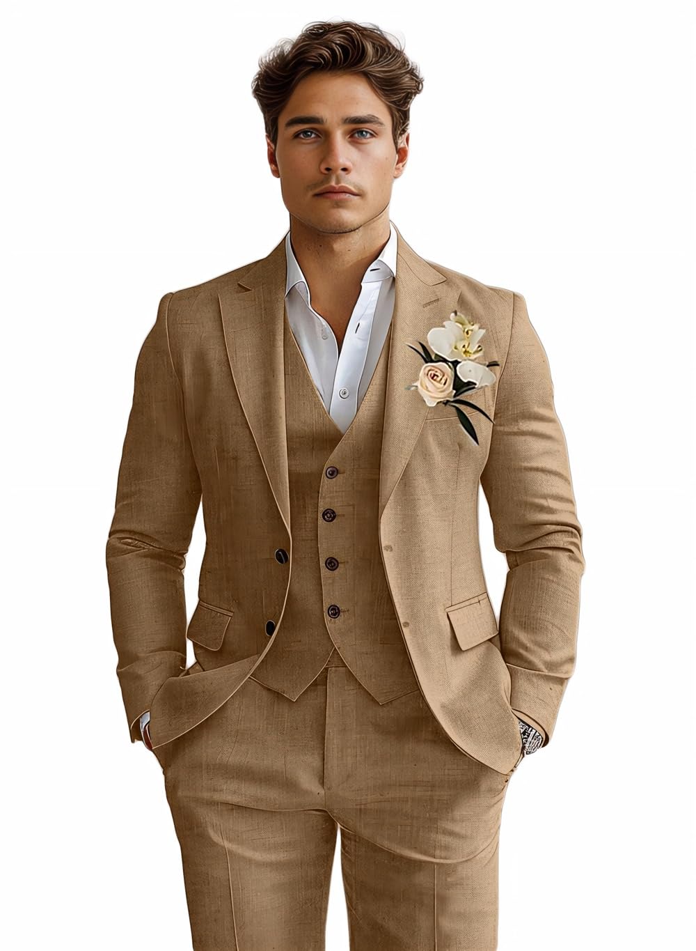 Mens Linen Suits 3 Piece Classic Fit Khaki Tuxedo Suit for Wedding ...