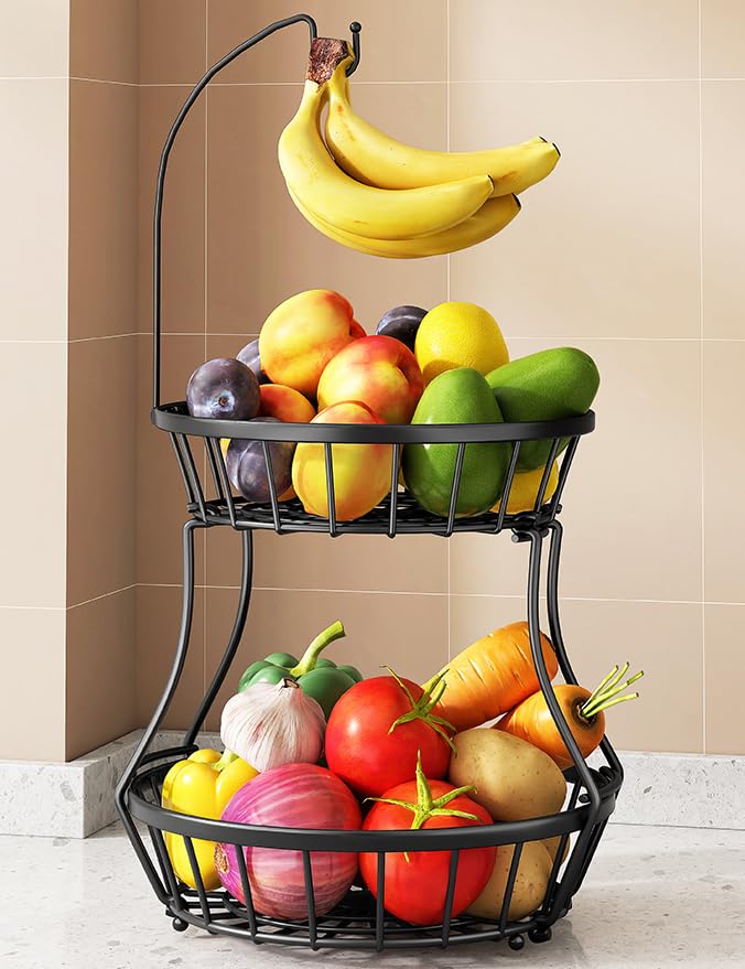 Photo 1 of 2-Tier Fruit Basket Bowl Stackable Vegetable Storage with Banana Tree Hanger Stand for Kitchen Countertop, Metal Wire Basket for Bread Onions Potatoes Black