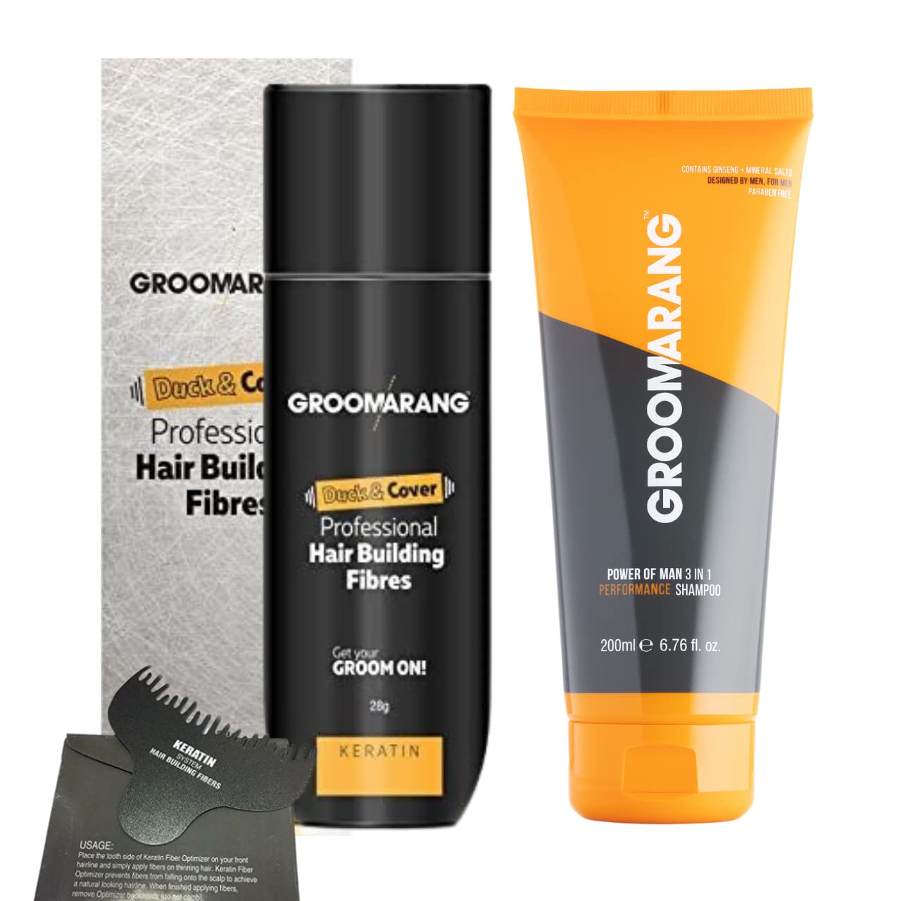 Hair Fibres GROOMARANG Keratin Hair Building Fibres for Thinning Hair - Instantly Conceals Thinning Areas for Fuller Thicker Hair - For Men & Women 28g PLUS 200ml Shampoo & Optimiser (Light Brown)