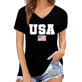 TIEEI 4th of July Shirts Women USA T-Shirt American Flag V-Neck Tee Tops