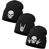 3 Pack Skull Beanies, Gothic Embroidered Knit Winter Hats for Men Women | 3 Distinct Skull & Skeleton Hand Designs for Goth, Emo, Punk Streetwear, Halloween Outfits and Alternative Gifts