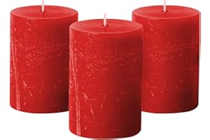 Simply Soson Red Rustic Texture Pillar Candles 3x4 inch - Set of 3 - Unscented Decorative Red Candles, No drip Candle, Ideal as Large Candle for Home Decor, Weddings, Holidays