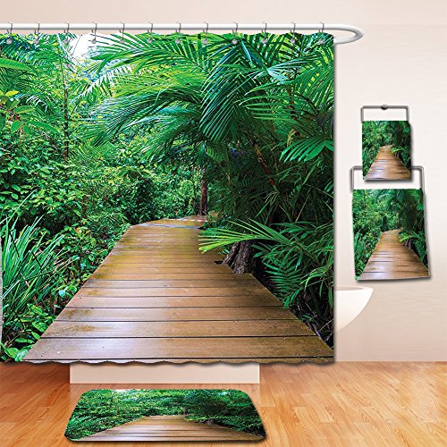 Nalahome Bath Suit: Showercurtain Bathrug Bathtowel Handtowel House Decor Deck Timber Jetty Exotic Getaway Wilderness Footpath Tropic Plants Rainforest