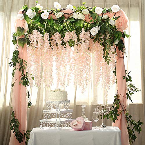 12pcs Artificial Wisteria Flowers 3.6 Feet/Piece Light PinkDense Artificial Fake Wisteria Vine Ratta Hanging Garland Silk Flowers String Home Party Wedding Decor（Pink-Dense）