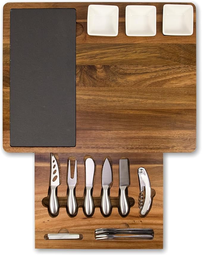 Louis Donné Premium Bamboo Cheese Board Knife Set - 5 Stainless Steel Knives 100% Natural Organic Bamboo Charcuterie Platter Multi Serving Tray for Cheese Meat for Christmas Weddings