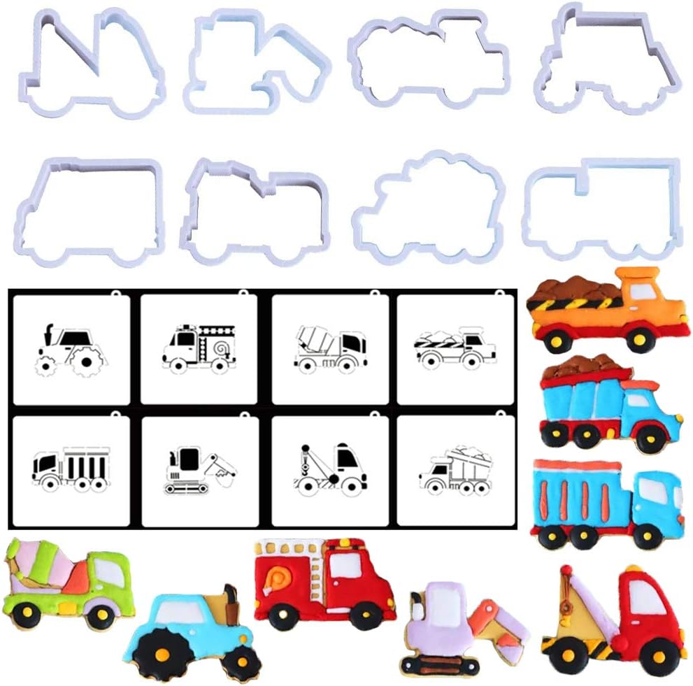 Bozoa 3D Truck Car Cookie Cutter with Cookie Stencils-Engineering Car Biscuit Mold Set for Kids Making Chocolate,Pastry,Cake Decorating and DIY Baking tools（16Pcs）