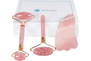 MOVALUES 4-in-1 Jade Roller and Gua Sha Set. Rose Quartz Roller with Eye Massager, Jade Gua Sha, Ridged Roller Massager. Jade Roller for Face Real Jade 100% Jade Stone Roller. Facial Massager Ice Roller