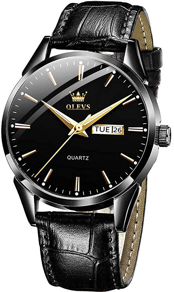 OLEVS Men Watch Black Leather Strap Large Face Analog Quartz Classic Dress Date Luminous Waterproof Gents Wrist Watch