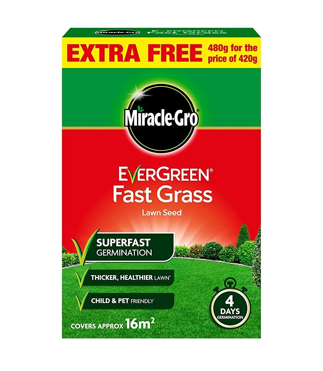 Miracle-GRO Evergreen Fast Grass Lawn Seed - Super Fast Germination 480g with a Thank You Sticker