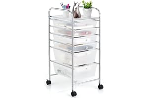 DREAMADE 6-Drawer Rolling Cart, Clear Plastic Drawer Organizer w/Lockable Wheels, Removable & 2-Sized Storage Drawers, Office Cart, Craft Cart for Art Supplies Paper Scrapbook (Transparent)