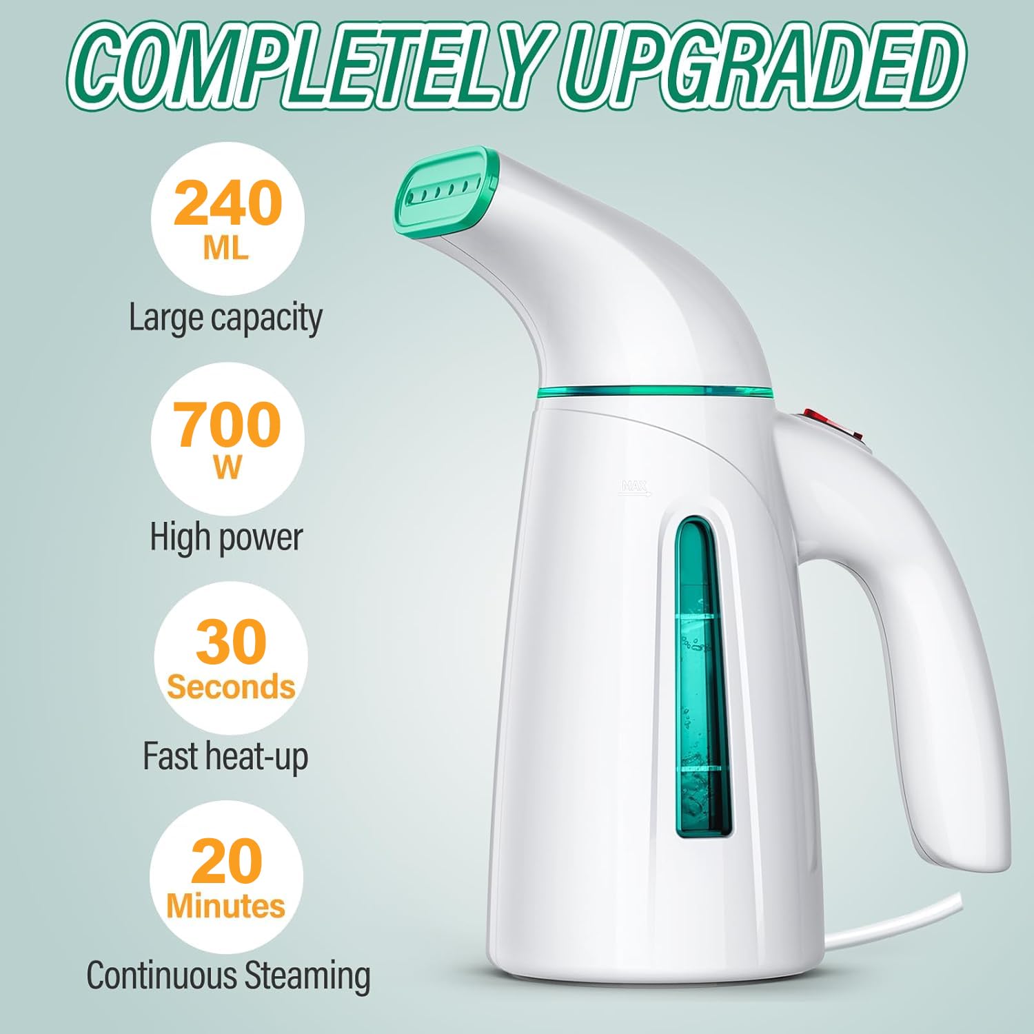 OGHom Steamer for Clothes,Portable Handheld Travel Steamer,240ml Large Capacity,700W,30 Second Fast Heat Up Garment Steamer (Turquoise)