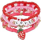 Caiyao Cute Cartoon Strawberry Fruit Stackable Bracelets Handmade Multilayer Clay Crystal Glass Beaded Stretch Bracelet Y2k Heishi Beads Strawberry Friendship Preppy Statement for Women Party Jewelry