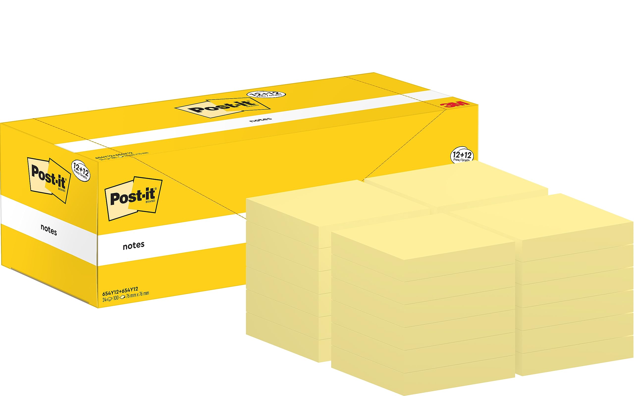 Post-it Sticky Notes Canary Yellow, Pack 12 Pads + 12 Free, Total 2400 Sheets, 76 mm x 76 mm - Self-Stick Notes for Note Taking, to Do Lists & Reminders