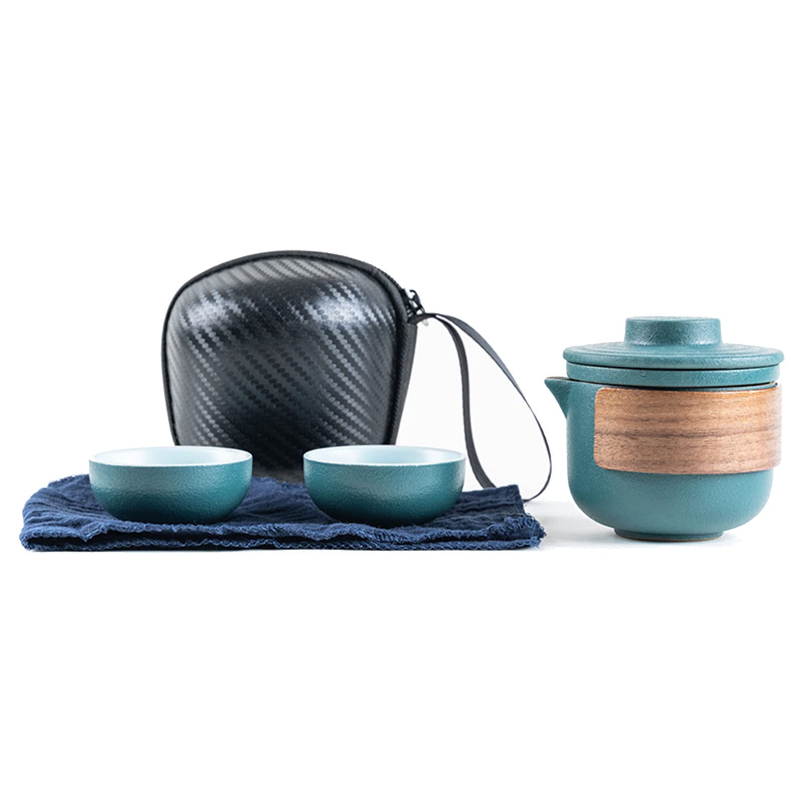 Tnfeeon Travel Tea Set, High Temperature Resistant Eagle Spout Ceramic Portable Small Teapot Cup with Storage Bag for Outdoor (Green Pot with 2 Cups)