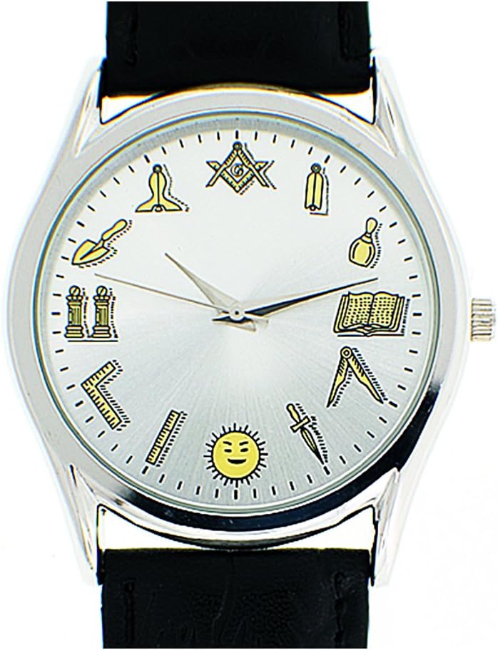 Round Masonic Silver Tone Genuine Leather Strap Quartz Analog Symbol Freemason Watch