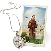 Saint Francis of Assisi Oval Medal Necklace and Prayer Card - Silver Tone, 18 Inch Snake Chain - Catholic Religious Jewelry
