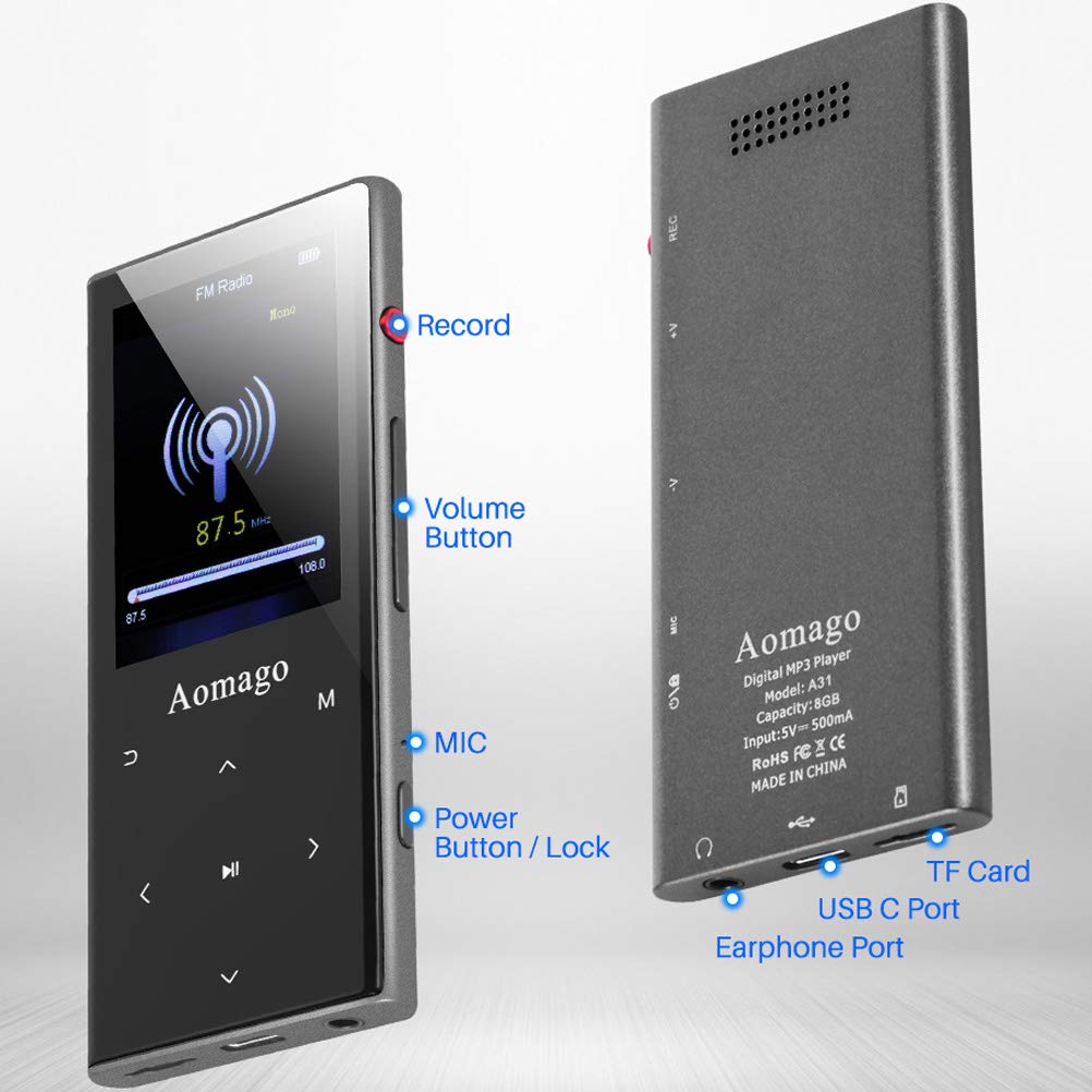 Aomago Music MP3 Player Bluetooth with Speaker - 2 in 1 Lossless Music Player with 2.4\'\' Screen Voice Recorder FM Radio Compact Touch Botton Digital MP3 Player Portable Pedometer, Support up to 128GB