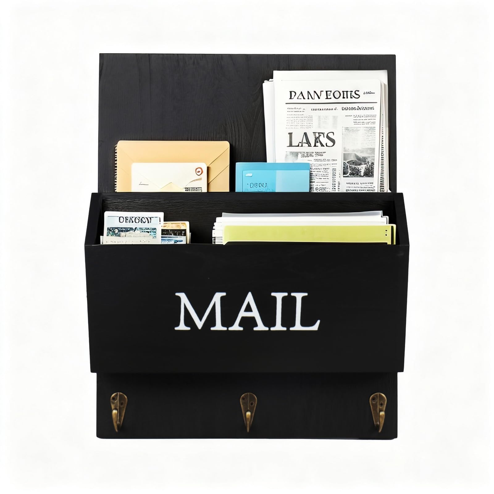 Photo 1 of AbleHope Wooden Mail Organizer with Key Hooks, Rustic Wall Mounted Letter Holder, Farmhouse Mail Sorter with Hooks, Bill Letter Storage for Entryway, Black