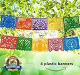 Mexican Decoration Papel Picado Plastic Banner Colorful Tissue Paper Coco Movie –Fiesta Party Birthday Family Celebrations- 64 Feet Includes 4 Large Banners (16 Feet Long 10 Panels each)- Handmade