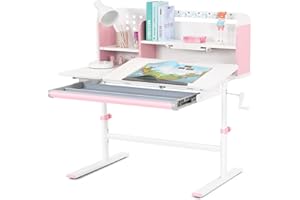 COSVALVE 39in Wide Adjustable Height Kids Desk with Tilting Desktop, Steel Frame, Drawer, and Bookshelf Hutch, Study Child Table for Ages 3-12, Pink