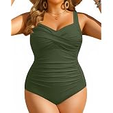 Women Plus Size One Piece Swimsuits Tummy Control Twist Front Bathing Suit | Unremovable Bra, Sweetheart Neckline, Wide Adjustable Straps, Ruched Stomach, Side-Splicing Design, Full Coverage Bottom