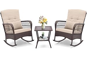 ORALNER 3 Pieces Patio Furniture Wicker Rocker Set, Outdoor Rocking Chairs with Cushions, Pillows, Glass Coffee Table, Rattan