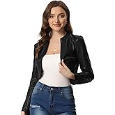 Allegra K Faux Leather Jacket for Women's Open Front Long Sleeve PU Cropped Leather Jacket Coat