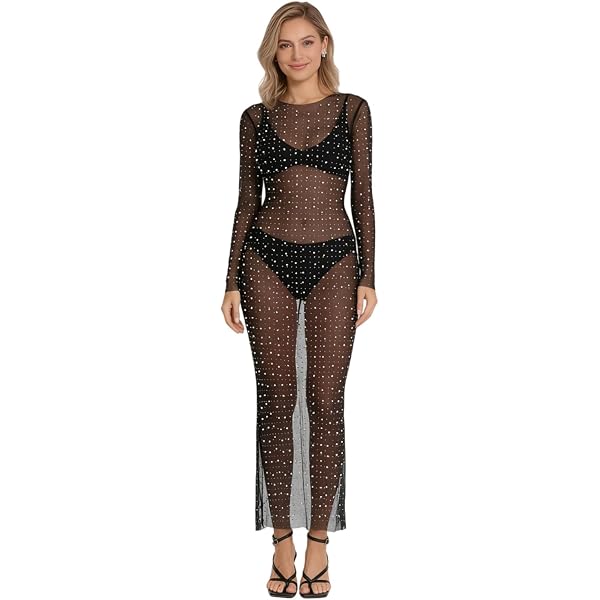 pearl mesh long sleeve maxi cover up dress LMSXCT Sexy Pearl Rhinestone Dress for Women Sheer Mesh Cover Up Maxi  Dresses See Through Beach Swimwear Bikini Coverups Black at Amazon Women's  Clothing store
