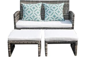 OC Orange-Casual Outdoor Loveseat Patio Furniture Rattan Conversation Set with Ottoman, White Cushions, Grey Wicker, Pillows Included