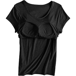 dyiozbga Shirts with Built in Bra for Women Soft Padded Cute Stretchy Tops Summer Casual Yoga Shelf Bra T-Shirts Sleepwear