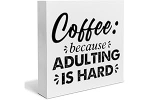 HEIJIE Coffee Wood Box Sign Desk Decor Farmhouse Coffee Because Adulting is Hard Wood Block Sign Decor for Home Kitchen Office Shelf Wall
