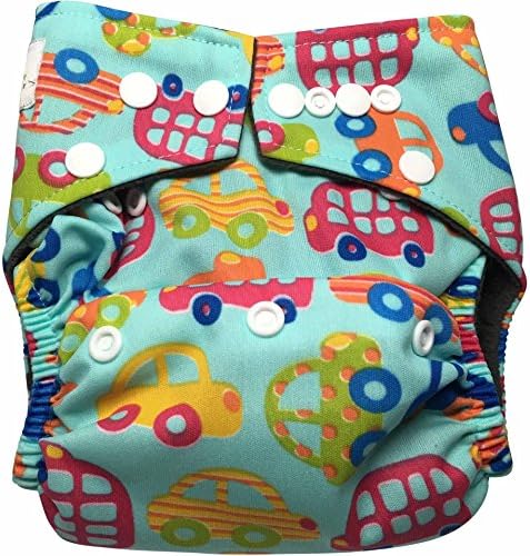 Happy Playful 1 Baby Cloth Diaper All in One One Size Bamboo Charcoal Best for Baby's Soft Skin + 1 FREE Bamboo Charcoal Insert (5 Layers Thick). Machine Washable, Reusable, Adjustable (Blue Cars)