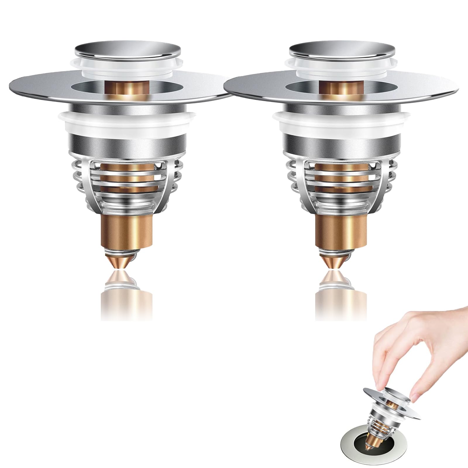 2pcs Universal Pop Up Bathroom Sink Stoppers, Stainless Steel Universal Sink Drain Stoppers with 4 Silicone Leak Stoppers, Hair Strainer with Basket for Bathroom, Kitchen, Wash Basin