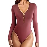 Avidlove Long Sleeve Bodysuits for Women Sexy Cutout Plunge Deep V Neck Thong Bodysuit Double Line Going Out Tops O-Ring