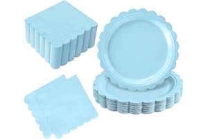 OIGCO 50 Pcs Light Blue Plates and Napkins Party Supplies - Blue Disposable Scalloped Paper Plates & Napkins for Baby Shower, Wedding, Birthday Party Decorations, Serves 25