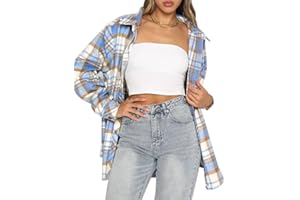 CHYRII Women's Casual Flannel Plaid Shacket Button Down Long Sleeve Shirt Jacket Coats with Pockets