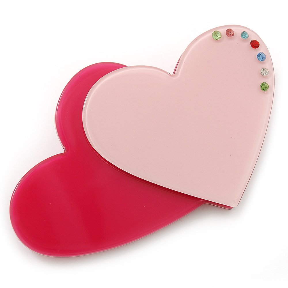 Deep Pink/Baby Pink Austrian Crystal Double Heart Acrylic Brooch - 70mm Across