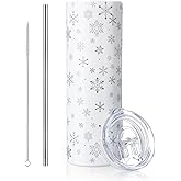 Geiserailie Winter Snowflake Tumbler with Lid Straw 20 oz Stainless Steel Tumbler Snowflake Insulated Skinny Travel Cup Coffee Mug with Straw Brush for Winter Holiday Birthday Party Gifts(White)