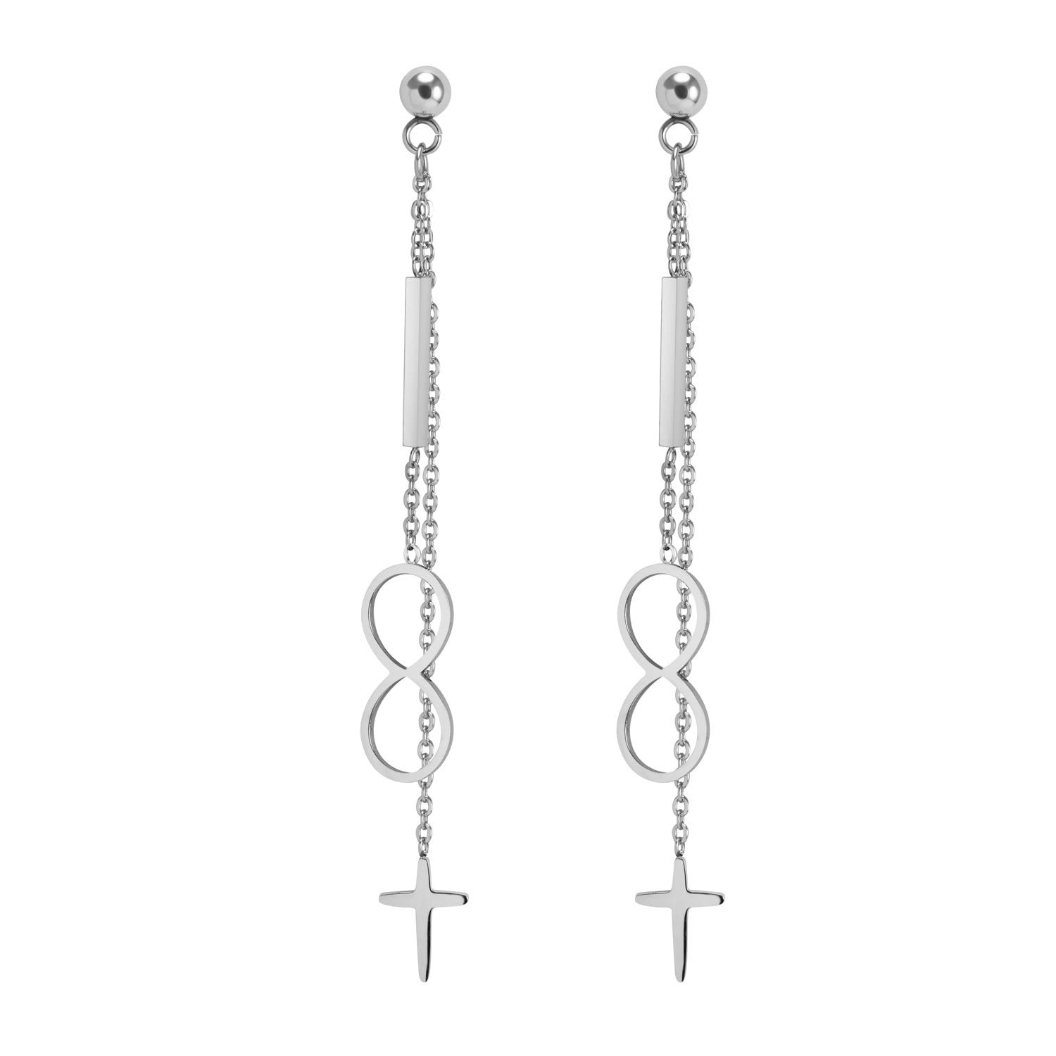555Jewelry Stainless Steel Dangling Drop Infinity & Cross Earrings for Women, Long Dangly Christian Cross Earrings, Fashion Cross Dangle Earrings for Women, Silver