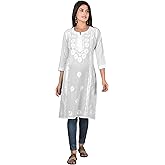 Vrnda Women's White Cotton Kurti – Hand-Embroidered Lucknowi Chikankari, Straight Fit, Knee-Length Pakistani Style Kurta