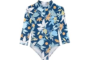 HOOBABE Kids Girls Rash Guard Long Sleeve One Piece Swimsuits Zipper Bathing Suits UPF 50+ Tropical Plant Flowers Ages 3-12
